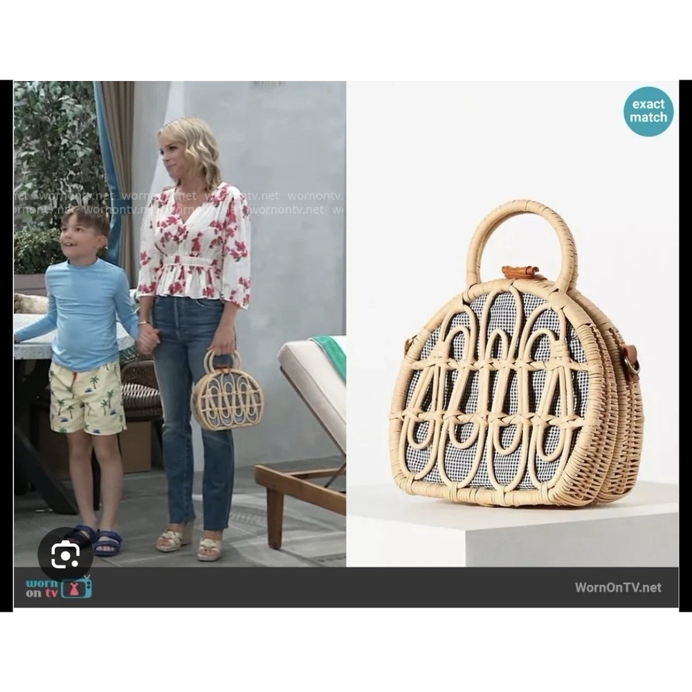 Anthropologie Mini Rattan Gingham Lined Suitcase Satchel Unique Worn On TV - Picture 9 of 10